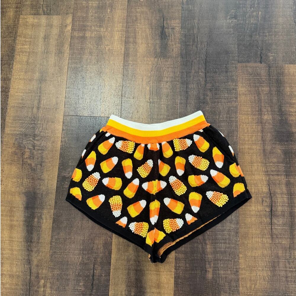 Queen of Sparkles Candy Corn Rhinestone Knit Shorts XS Halloween Lounge Shorts